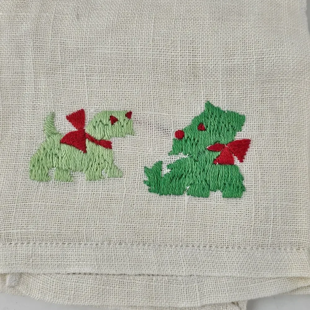 Lot 3 vintage embroidered linen hand towels scotty dog floral